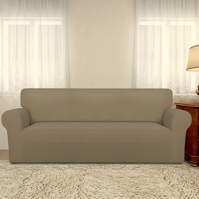 PureFit Stretch Oversized Couch Covers Fleece Sofa Slipcovers Tan | 1-Piece - Image 2
