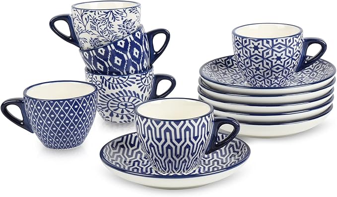 Selamica Ceramic 2 oz Espresso Cups, Small Expresso Coffee Cup Set with Saucers, Porcelain Mini Demitasse Cups for Latte Mocha Tea, Set of 6, Vintage Blue
