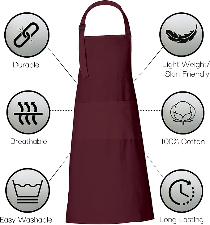 RAJRANG 100% Cotton Cooking Apron with 3 Pockets Kitchen Chef BBQ Adjustable Bib Aprons for Women Men