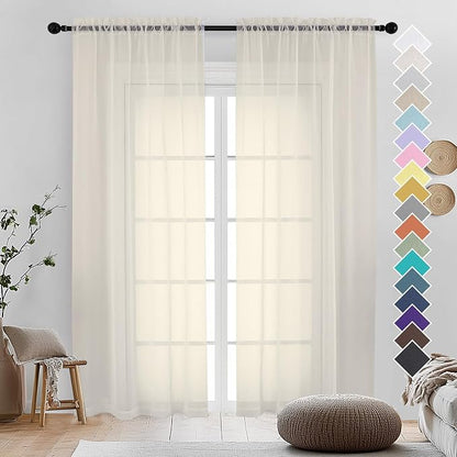 Cream Sheer Curtains 90 Inches Long 2 Panels by OVZME
