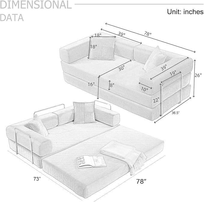 HANXIN 78 Inch Convertible Sleeper Sofa Bed, Folding Floor Mattress Couch - Image 2