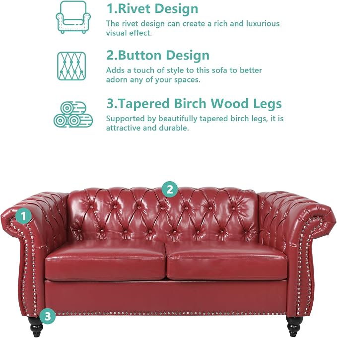 Chesterfield Loveseat Sofa, Modern Leather Small Sofa Couch 2 Seater - Image 5