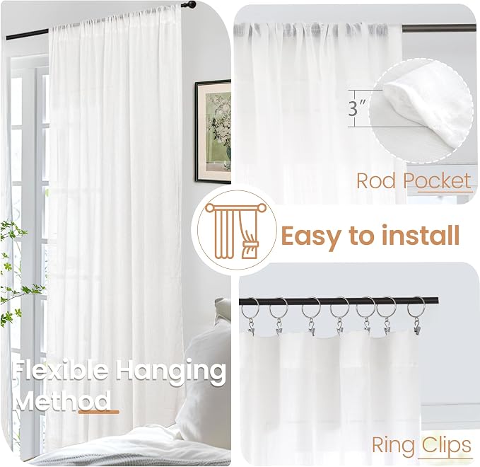 BGment White Linen Semi Sheer Curtains 45 Inch Length - Image 6