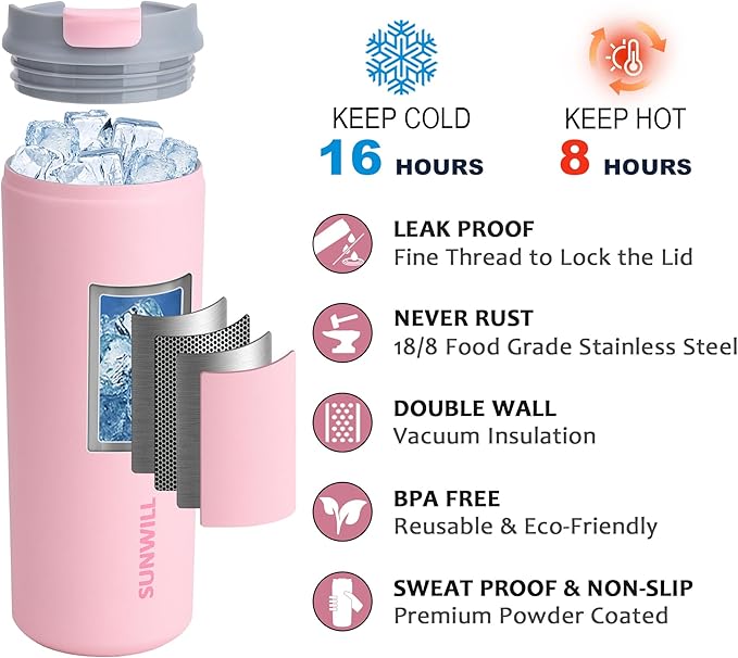 SUNWILL Travel Coffee Mug with Lid, Stainless Steel Coffee Tumbler Cups Leakproof 16 oz, Powder Coated Light Pink