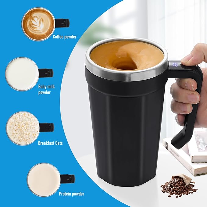 Self Stirring Coffee Mug with Temperature Display, 15oz Automatic Magnetic Mixing Cup, Rechargeable Travel Mug for Coffee, Milk, Cocoa - (Black)