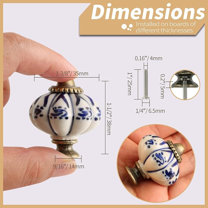 Ivory & Deep Blue Pumpkin Knobs 12 Pack Ceramic Cabinet Knobs Vintage Drawer - Image 4