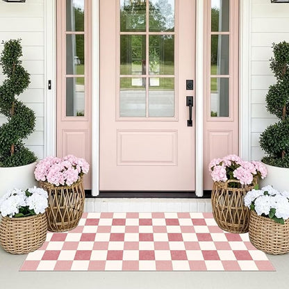 Front Door Mat Indoor Entrance, 2x4.3 Cute Pink White Checkered Rug | Non-Slip - Image 3