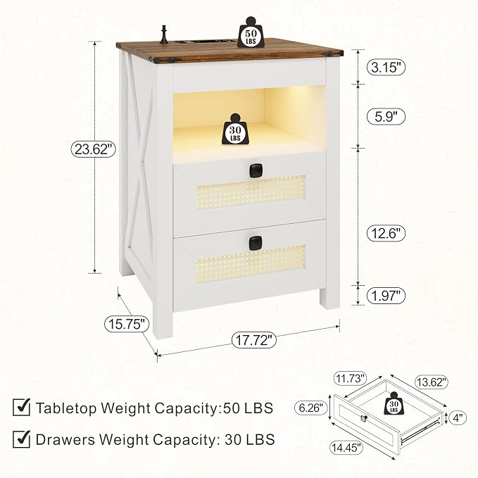 FREDEES Nightstand Set 2 with Gun Drawer, Bed Side Table with Charging Station - Image 2