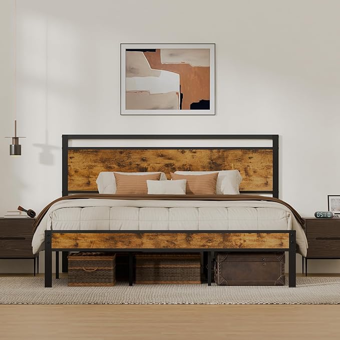 King Metal Bed Frame with Wooden Headboard and Footboard, Heavy Duty Platform by Z-HOM