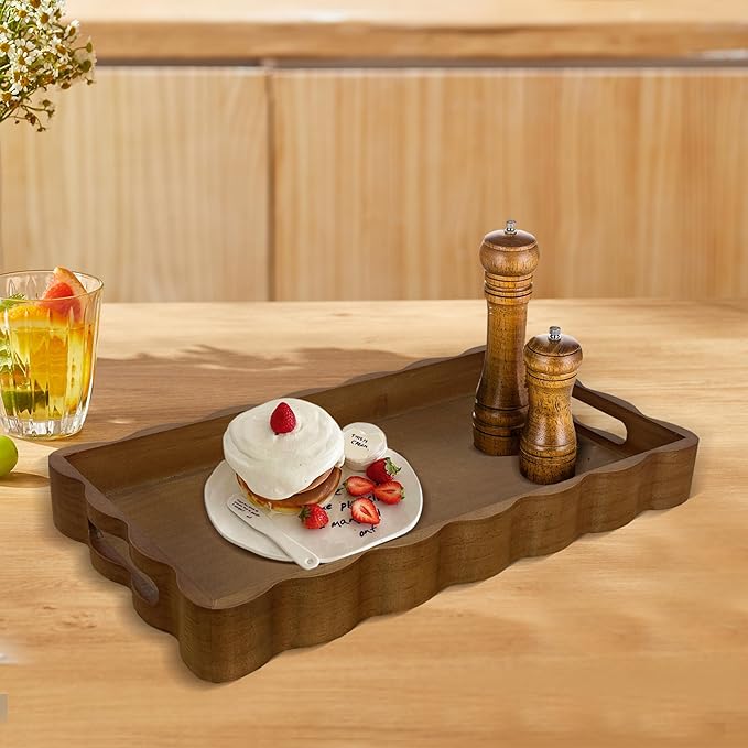 JUIOETURPine Wood Decorative Tray with Handle Rectangular Wooden Serving Tray for Breakfast in Bed,Coffee Table,Dining Table,or Kitchen - Perfect for Living Room,Bedroom,and Entryway Decor (Brown)