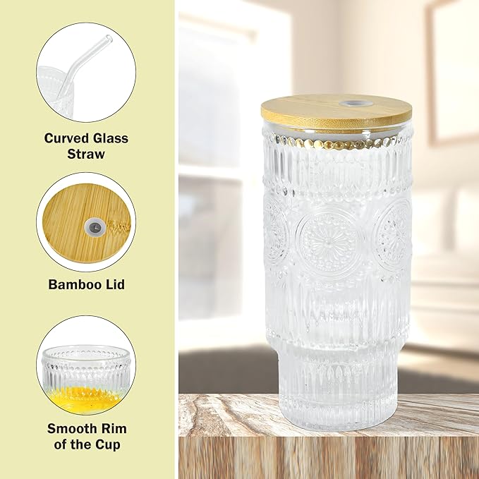 16oz Drinking Glasses Cups Set of 4 with Bamboo Lids Straws Brush Vintage Glassware Set for Mojito Iced Coffee Beer Cocktail Whiskey(Mixed)