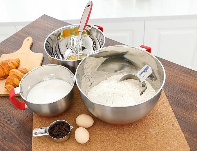 Rorence Mixing Bowls with Lids Set: Stainless Steel Mixing Bowls with Handles, Non-Slip Bottom & Pour Spout - Red, 3 quarts