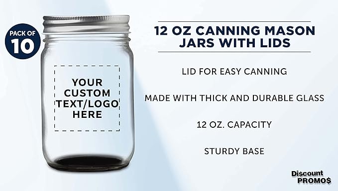 DISCOUNT PROMOS 10 Decorating Mason Jars Set, 12 oz. - Customizable Text, Logo - Canning, Aluminum Lid - Black