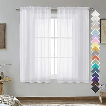 2 Panels Sheer White Curtains 54 Inches Length Window Treatment by OVZME