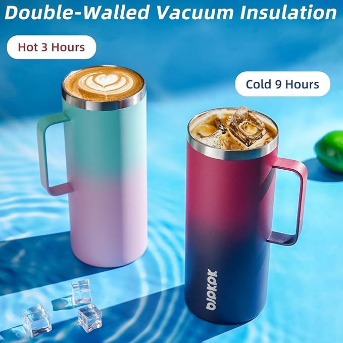 BJPKPK Insulated Coffee Mug with 2 Lids, 32oz Stainless Steel Insulated Tumbler with Handle, Double Wall Vacuum Coffee Cups, BPA Free Travel Mug for Coffee, Tea and Drinks, Charming Red & Blue