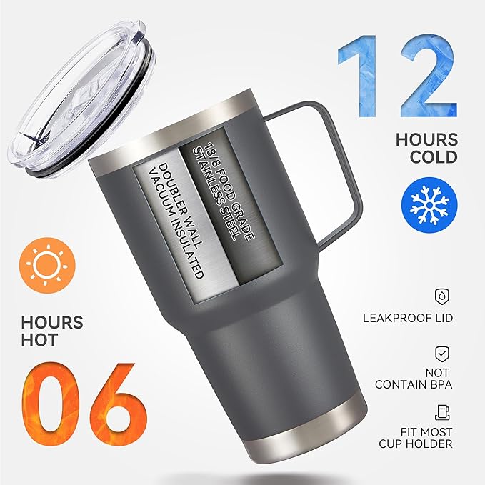30 oz Tumbler with Handle and Lid, Stainless Steel Tumblers Bulk Double Wall Vacuum Insulated Travel Mug Leak Proof Cup Keep Drinks Cold and Hot Grey, 12 Pack