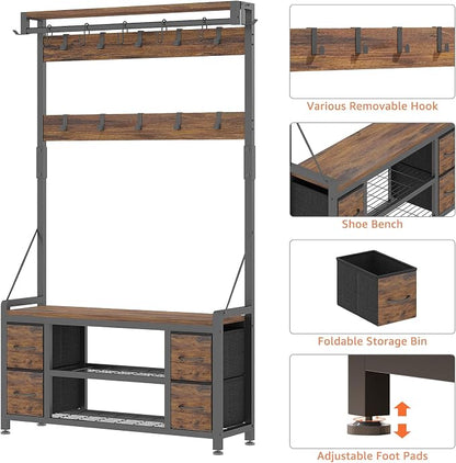 39" Hall Tree with Storage Coat Rack freestanding Entryway Furniture Bench - Image 6