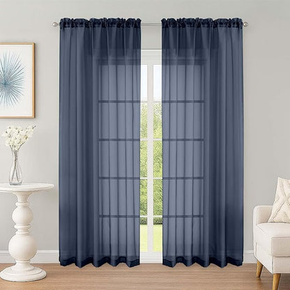 Sheer Curtains 84 Inches Long 2 Panels Set, Sheer Navy Blue Curtains by OWENIE