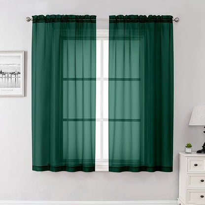 Hunter Green Sheer Curtains 63 Inch Length 2 Panels Set, Voile Solid Window by Lecloud