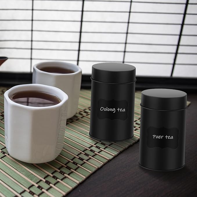 Tanlade 3 Pcs Tea Tin Canister Metal Round Can with Airtight Lid Double Sealed Tea Tin Canisters, with 1 Erasable Chalk Marker and 16 Stickers for Loose Leaf Coffee Sugar, 16 oz