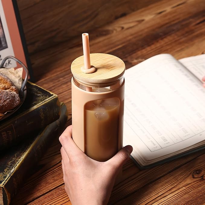 Kodrine 20oz Glass Water Tumbler with Straw and Lid, Bamboo Lids Water Bottle, Iced Coffee Cup Reusable, Wide Mouth Smoothie Cups with Protective Silicone Sleeve BPA FREE-Grey