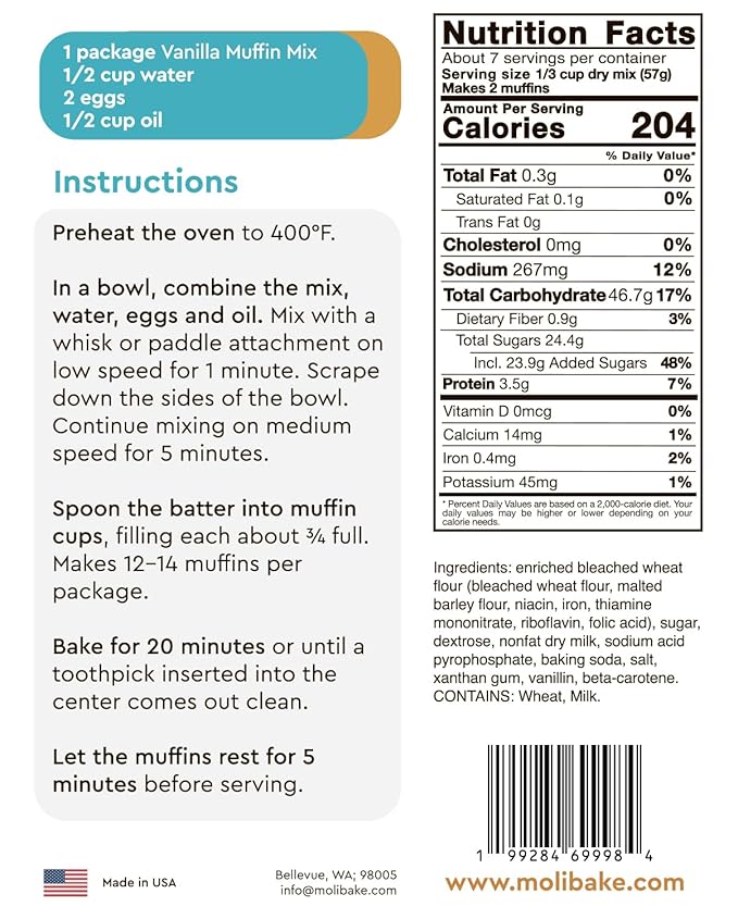 Molibake Vanilla Muffin Mix - Pack of 1 – Premium Vanilla Muffin Baking Mix for Home Oven and Muffins Maker – 14 oz – All-Natural Easy-to-Use Mix for Fluffy, Bakery-Style Homemade Muffins