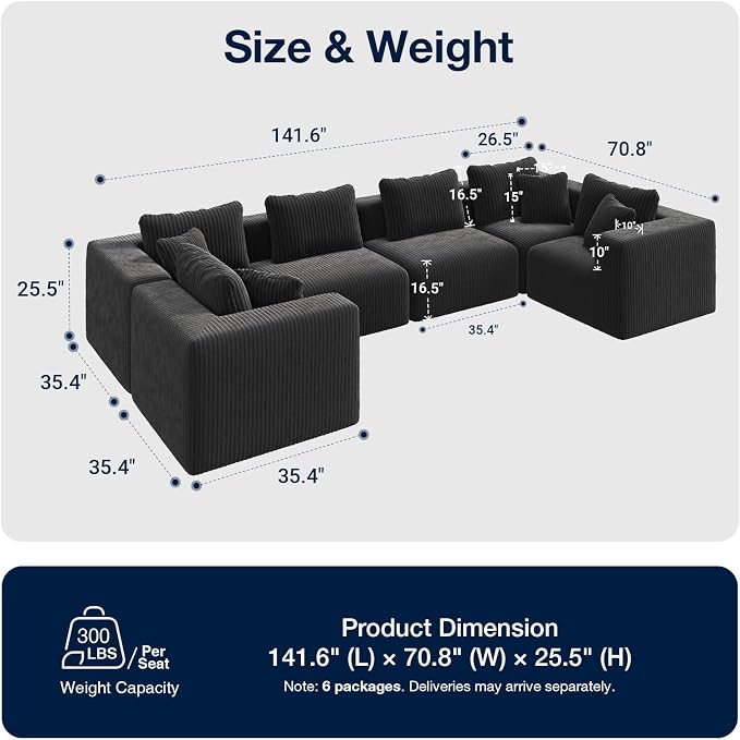 Avenco 141” 6-Seat Modular Sectional Sofa Couch, Individually Wrapped Coil - Image 2