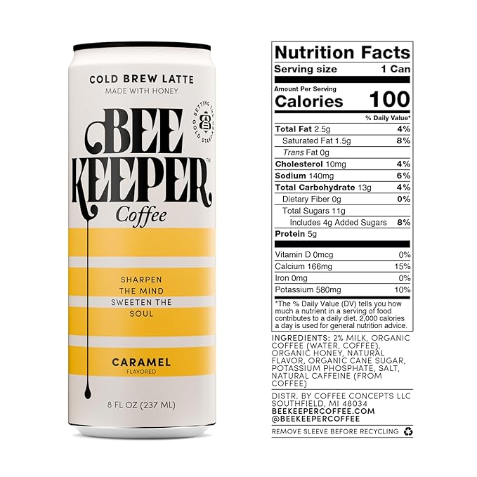 Beekeeper Coffee Cold Brew Caramel Latte with Oregon Honey, 8 fl oz cans (Pack of 12), Ready-to-Drink, 125mg Natural Caffeine
