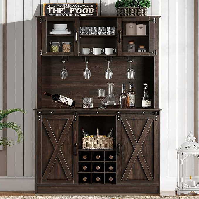 4ever2buy 72" Farmhouse Coffee Bar Cabinet with 2 Glass Doors & 9 Wine Racks, Tall Hutch Cabinet with Storage, Wine Bar with 4 Row Metal Glass Holder, Dark Oak