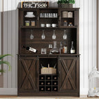 4ever2buy 72" Farmhouse Coffee Bar Cabinet with 2 Glass Doors & 9 Wine Racks, Tall Hutch Cabinet with Storage, Wine Bar with 4 Row Metal Glass Holder, Dark Oak