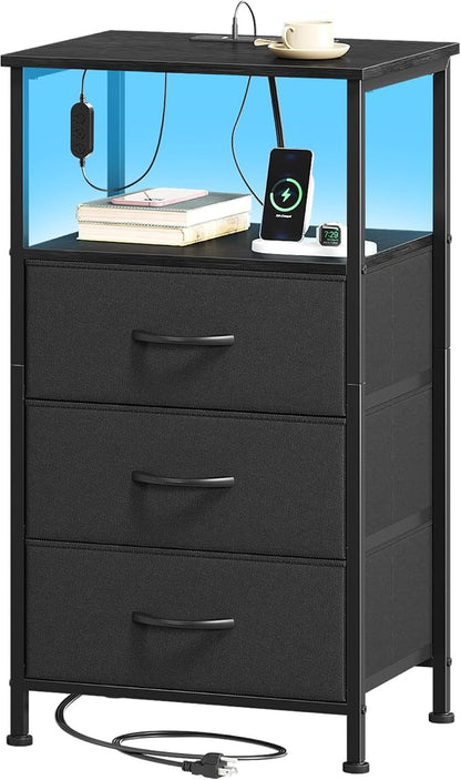 Somdot Black Nightstand with Charging Station and LED Light by Somdot