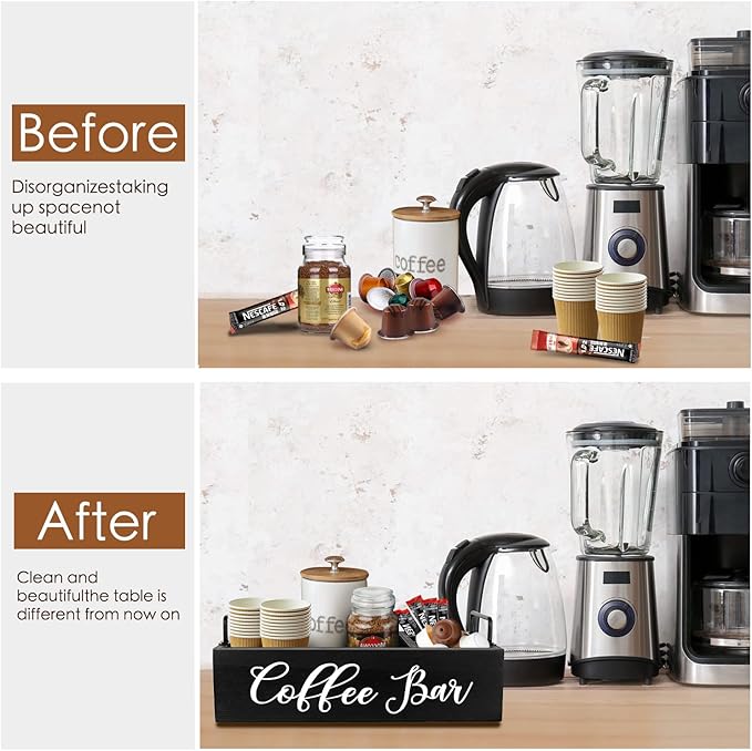 Coffee Station Organizer Wooden Coffee Bar Holder Accessories for Countertop, Farmhouse Kcup Pod Storage Basket with Handle - Black