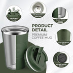 Volhoply 13 oz Stainless Steel Insulated Travel Coffee Mug with Fip Lid Bulk 2 Pack,Reusable Double Wall Vacuum Metal Coffee Cup,Portable Leak Proof Thermal Tumbler for Hot & Cold Drinks(Army Green,2)