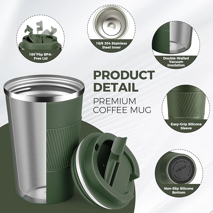 Volhoply 13 oz Stainless Steel Insulated Travel Coffee Mug with Fip Lid Bulk 2 Pack,Reusable Double Wall Vacuum Metal Coffee Cup,Portable Leak Proof Thermal Tumbler for Hot & Cold Drinks(Army Green,2)
