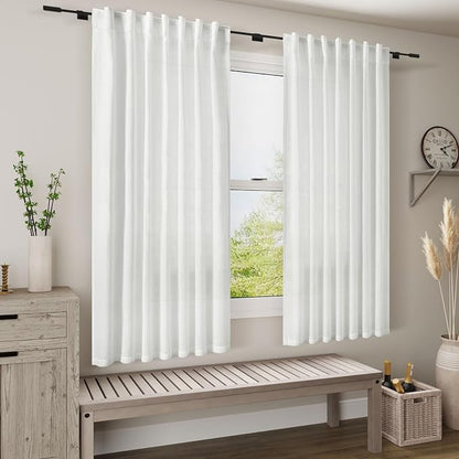 White Linen Curtains 64 Inches Long 2 Panels Set Back Tab Rod Pocket Semi Sheer - Image 7