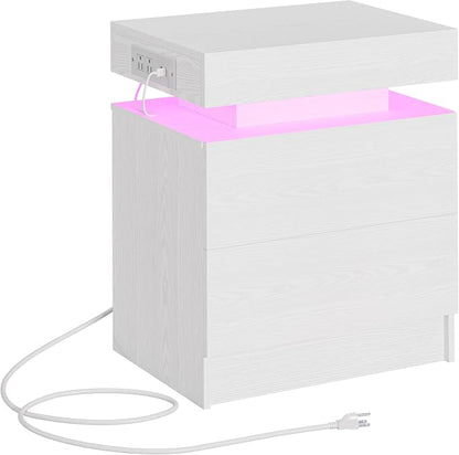 LIKIMIO Night Stand with Charging Station, Modern White Nightstand with LED by LIKIMIO