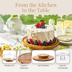 Rotating Cake Stand With Lid - 12 Inch Round Cake Holder with Cover, 4” Tall, Acacia Wood Spinning Cake Turntable for Decorating, Display and Serving Platter, Acrylic Cake Dome, No Glass