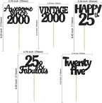 Gyufise 30Pcs Vintage 2000 Cupcake Toppers Glitter 25th Birthday Cake Decorations - Black