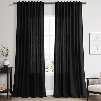 Black 102 Inch Linen Curtains for Living Room Back Tab Rod Pocket Privacy Semi by Nanspring
