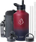 BUZIO 64 oz Water Bottle Insulated with Straw & 3 lid and Carrying Pouch, Leak Proof Half Gallon Stainless Steel Water Flask Jug, Cold for 48 Hrs Double Vacuum Thermo Canteen, BPA-Free, Ruby Red Navy