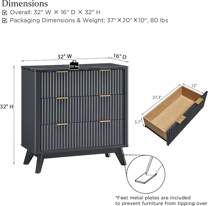 T4TREAM Fluted 3 Drawers Nightstand, Oversized Extra Large Modern Side Table - Image 2