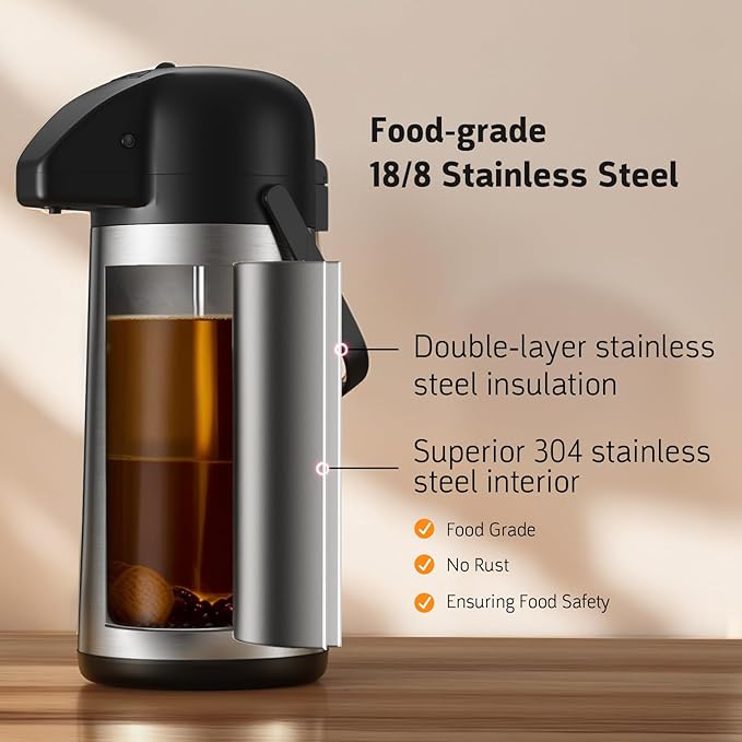 Airpot Coffee Carafe for Keeping Hot - 102 OZ/ 3L Large Coffee Dispenser with Pump - Insulated Stainless Steel Thermos Urn for Hot Drinks Water Tea Chocolate - Thermal Beverage Dispenser for Parties