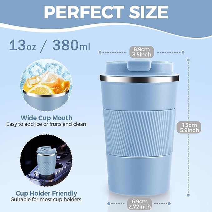 Volhoply 13 oz Stainless Steel Insulated Travel Coffee Mug with Fip Lid Bulk 2 Pack,Reusable Double Wall Vacuum Metal Coffee Cup,Portable Leak Proof Thermal Tumbler for Hot & Cold Drinks(Fog,2)