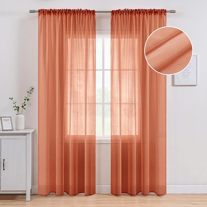 MIULEE Fall Burnt Orange Linen Textured Semi-Sheer Curtains 54W×72L | Semi - Image 8