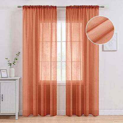 MIULEE Fall Burnt Orange Linen Textured Semi-Sheer Curtains 54W×72L | Semi - Image 8