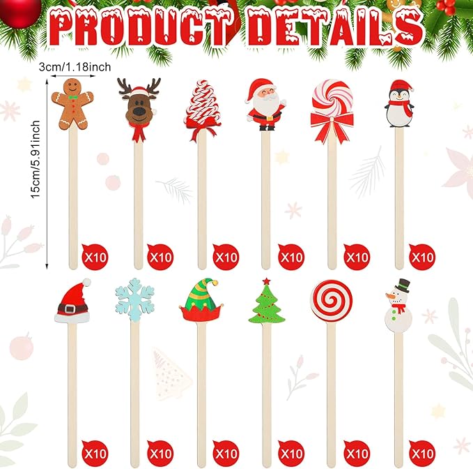 Jinei 120 Pcs Christmas Wooden Coffee Stirrers Wood Cocktail Coffee Stir Sticks Disposable Drink Stirrers for Stirring Hot Chocolate Milkshake Restaurant Home Office(Novel Style)