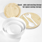 Large Salad Bowls with Bamboo Lids Set of 3, Mixing Nesting Bowls Round Serving Bowls with Servers for Salads, Kitchen Eating, Pastas, Popcorn, Chips, Trifle, Fruit, Food Prepare (White,10",8",6" )