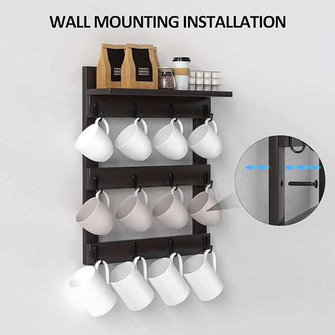 Mug Rack Wall Mounted, Coffee Cup Holder, Bamboo Mug Shelf with 12 Hooks for Home Kitchen Display and Collection