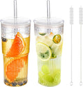 22oz Glass Tumblers with Glass Lids and Straws - Stylish Vintage Ribbed Design for Iced Coffee, Juice, Smoothies, Milkshakes, Cold Beverages & Whiskey Cocktail Beer (2pack-22OZ-Glass lid)