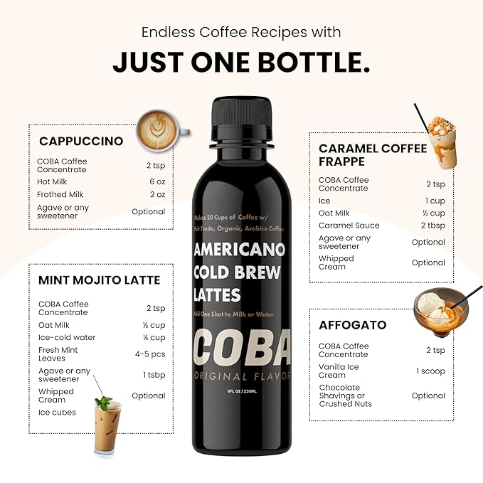 COBA Premium Coffee Concentrate: Bold & Extra Strong Kick - 20x Cups | Instant Cold Brew/ Hot Coffee in Seconds | Specialty, Fair Trade, Organic, Medium Roast, Dairy Free | 2 TEASPOONS/Cup | Rich Flavor (8 Fl Oz (Pack of 1), Original)